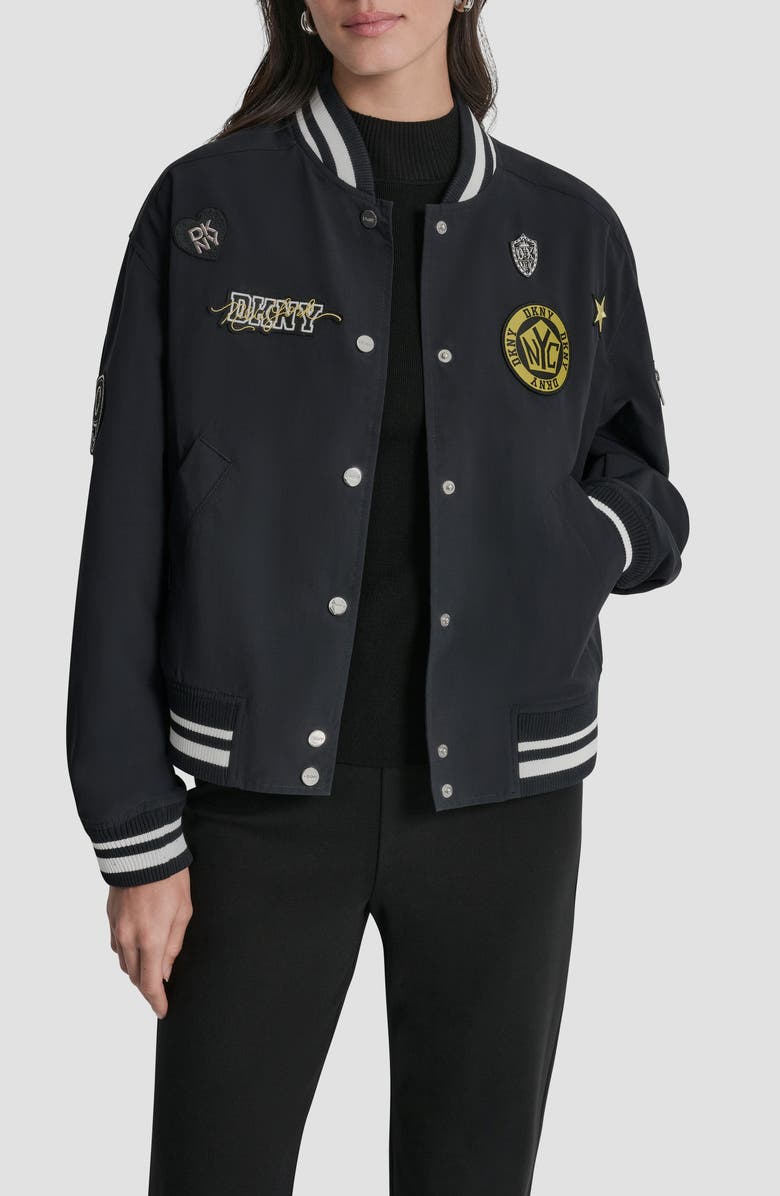 DKNY 1989 Pins & Patches Varsity Jacket, Main, color, Navy