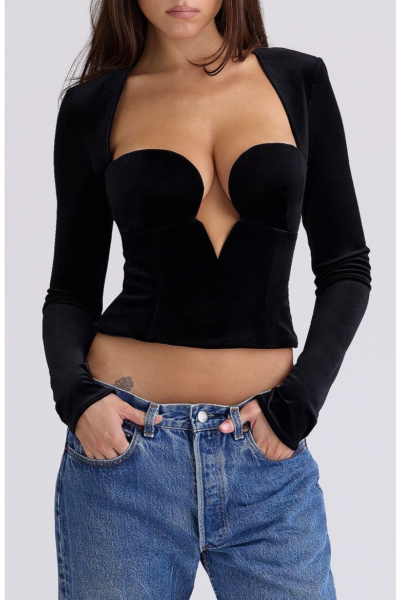 Sierra Long Sleeve Stretch Velvet Corset Top, Main, color, BLACK