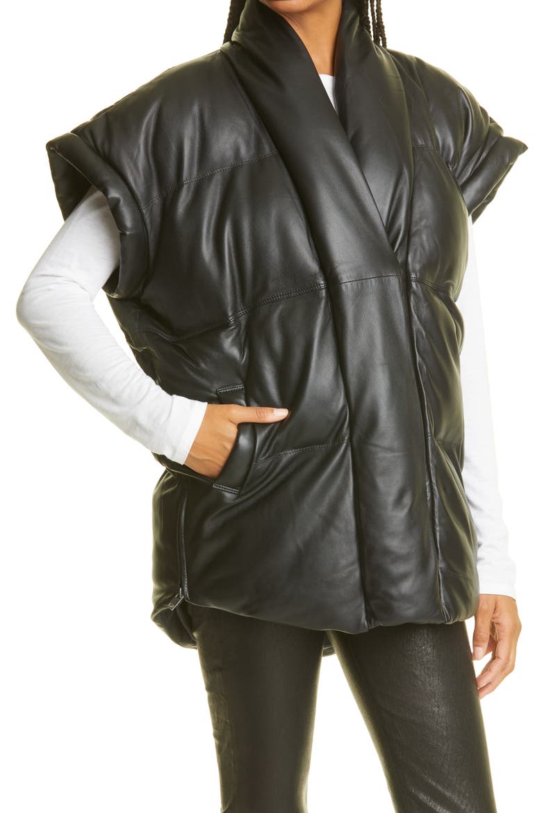 Sleeveless Leather Puffer Vest, Alternate, color, NOIR