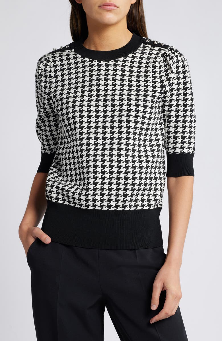BOSS Fantilina Elbow Sleeve Houndstooth Check Sweater, Main, color, Monochrome Houndstooth
