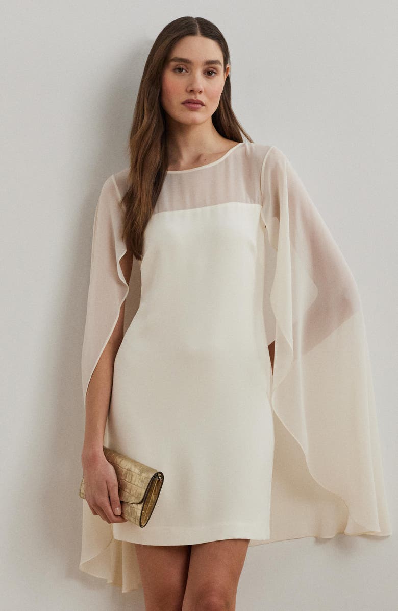 Lauren Ralph Lauren Cape Long Sleeve Cocktail Minidress, Alternate, color, Mascarpone Cream