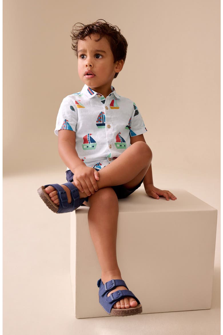 Kids' Sailboat Print Short Sleeve Button-Up Shirt, Alternate, color, WHITE
