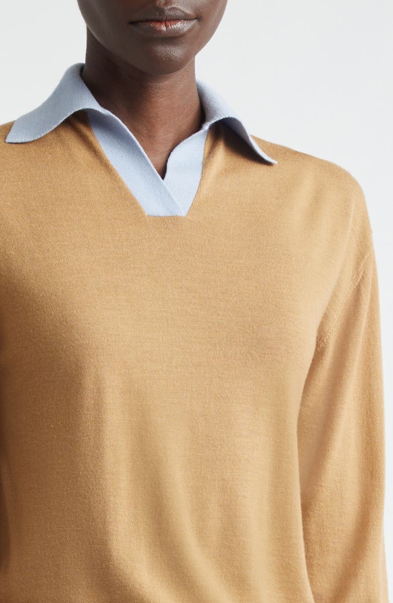 Emilia Wickstead James Contrast Wool Polo Sweater, Alternate, color, Camel/Baby Blue