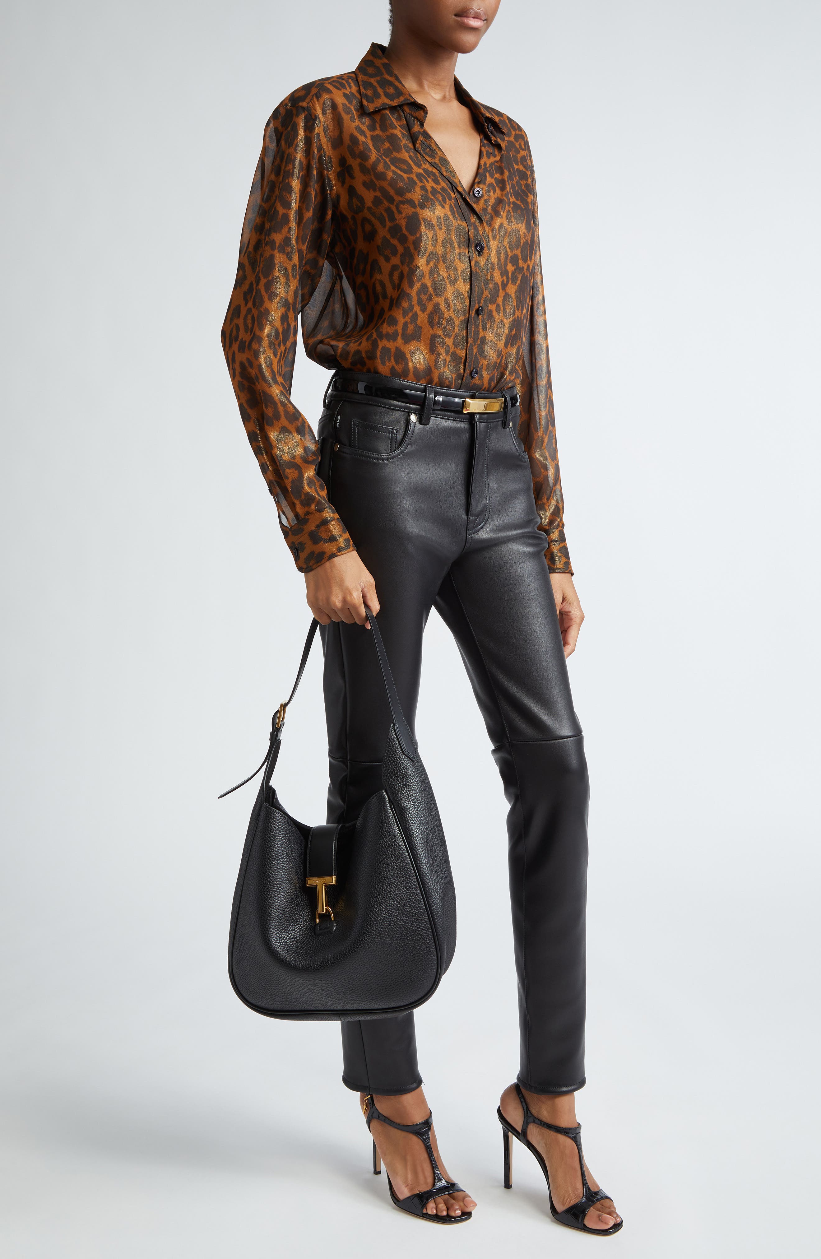 TOM FORD Medium Monarch Leather Hobo Bag, Alternate, color, Black