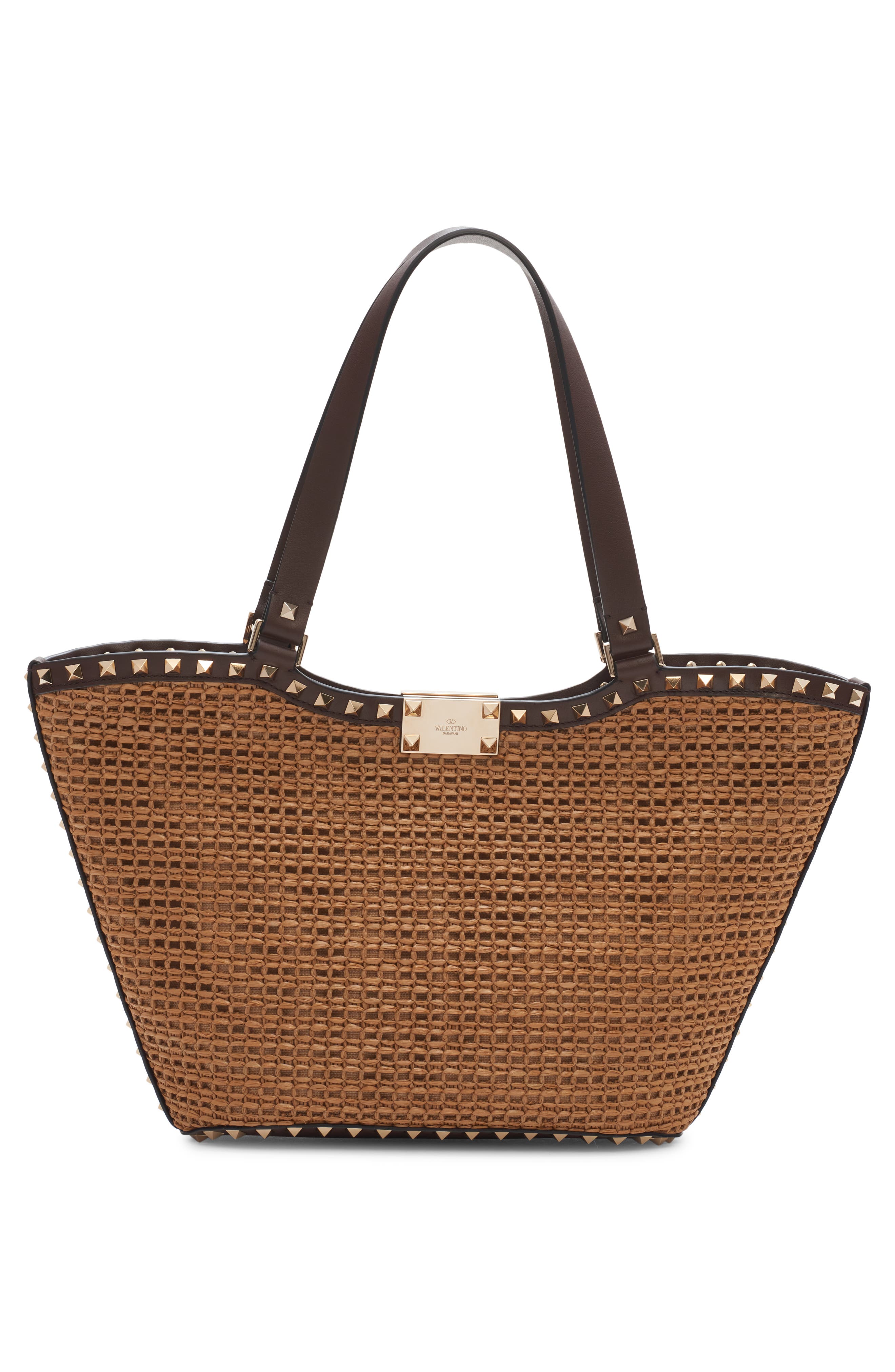 Valentino Garavani Small Rockstud Woven Raffia Tote, Alternate, color, 