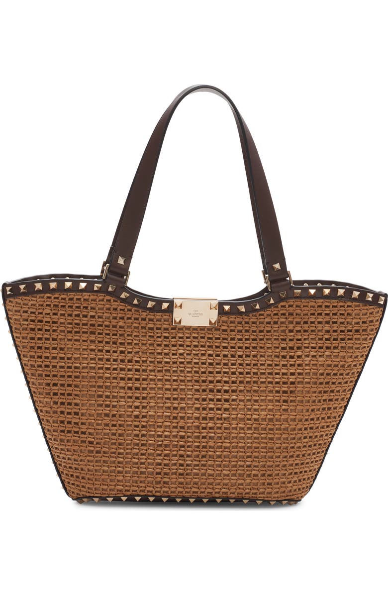 Valentino Garavani Small Rockstud Woven Raffia Tote, Alternate, color,