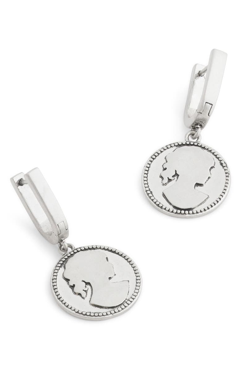 COACH Coin Charm Huggie Hoop Earrings, Alternate, color, Antique Silver
