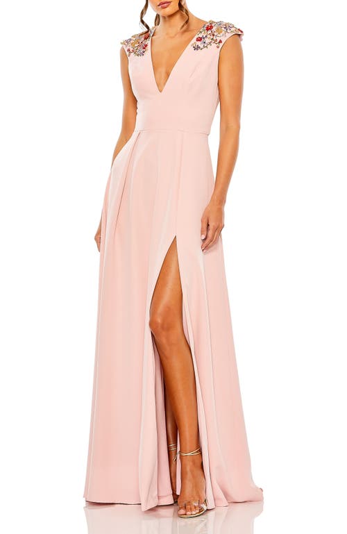 Mac Duggal Beaded Cap Sleeve V Neck A Line Gown In Rose Pink