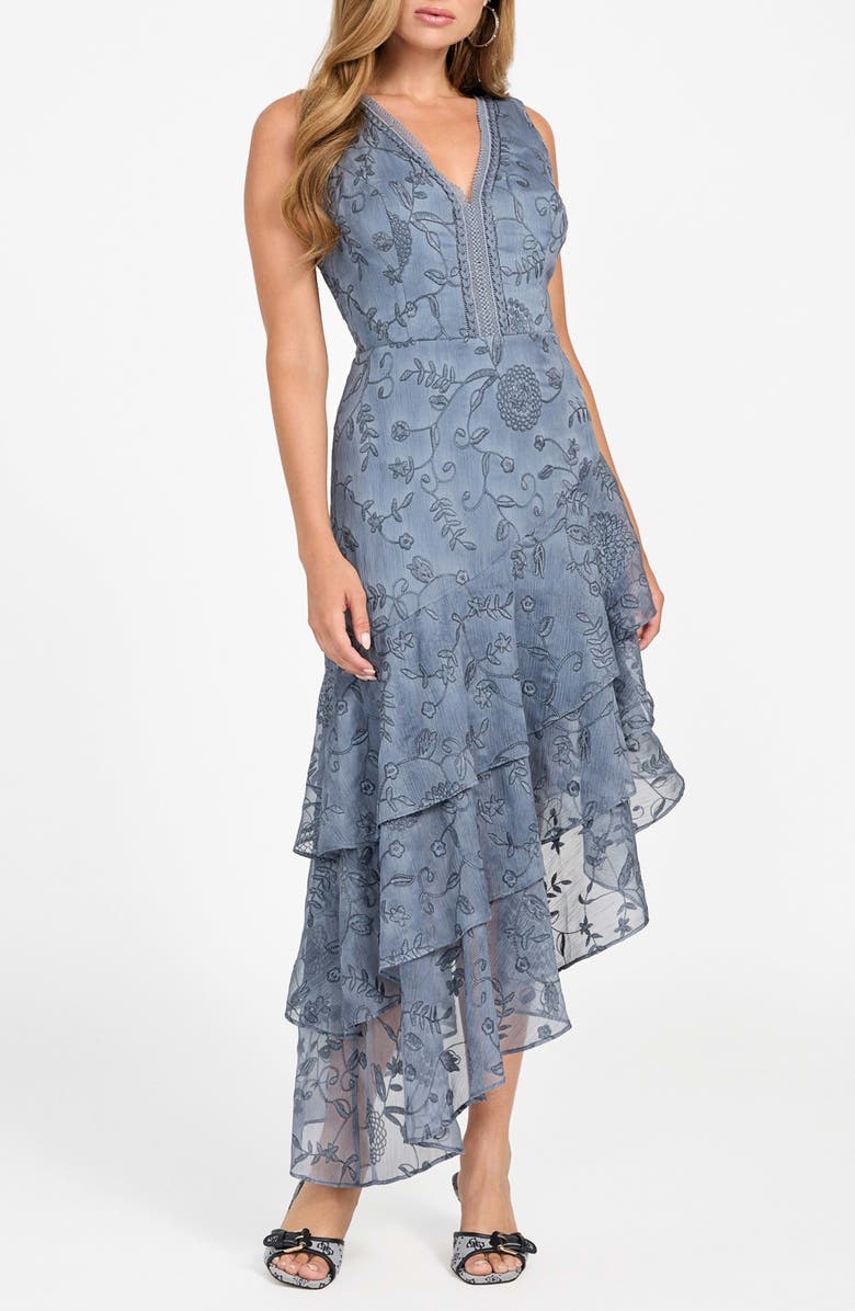 GUESS Loren Floral Embroidered Sleeveless Tiered Asymmetric Dress, Alternate, color, Fbcp-Brigh