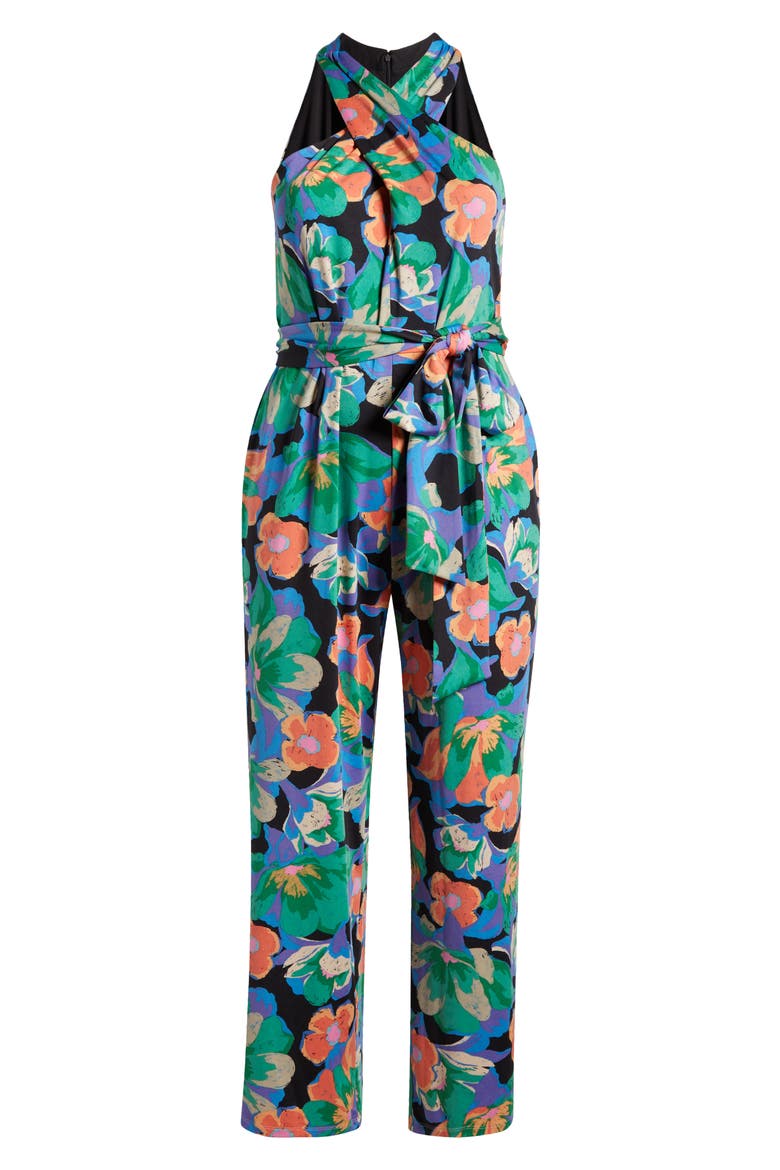 Print Twist Neck Tie Waist Sleeveless Jumpsuit, Alternate, color, BLACK MULTI