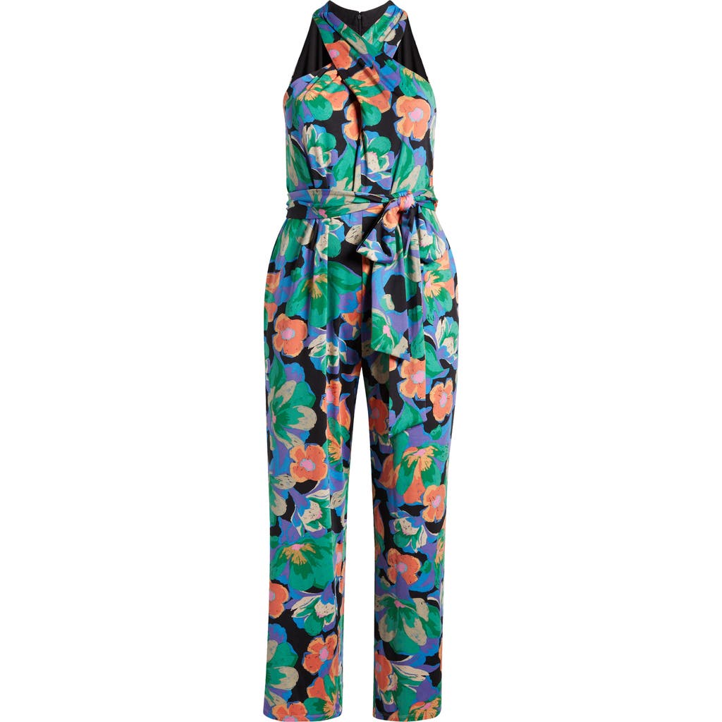 Tahari Asl Print Twist Neck Tie Waist Sleeveless Jumpsuit In Black Multi