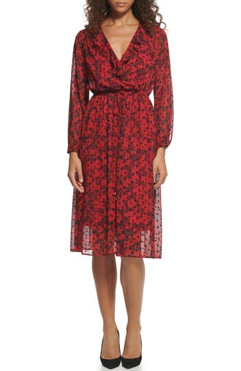 Tommy Hilfiger Flocked Playful Petal Dress In Wine Tasting/chili Pepper