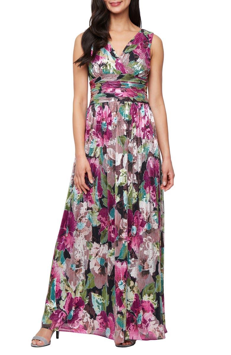 SL FASHIONS Metallic Floral Surplice Neck Gown, Main, color, 