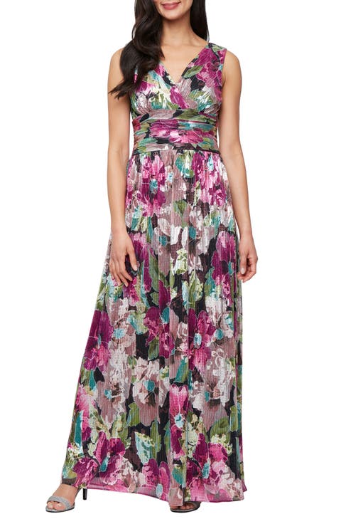 SL FASHIONS Metallic Floral Surplice Neck Gown (Petite)