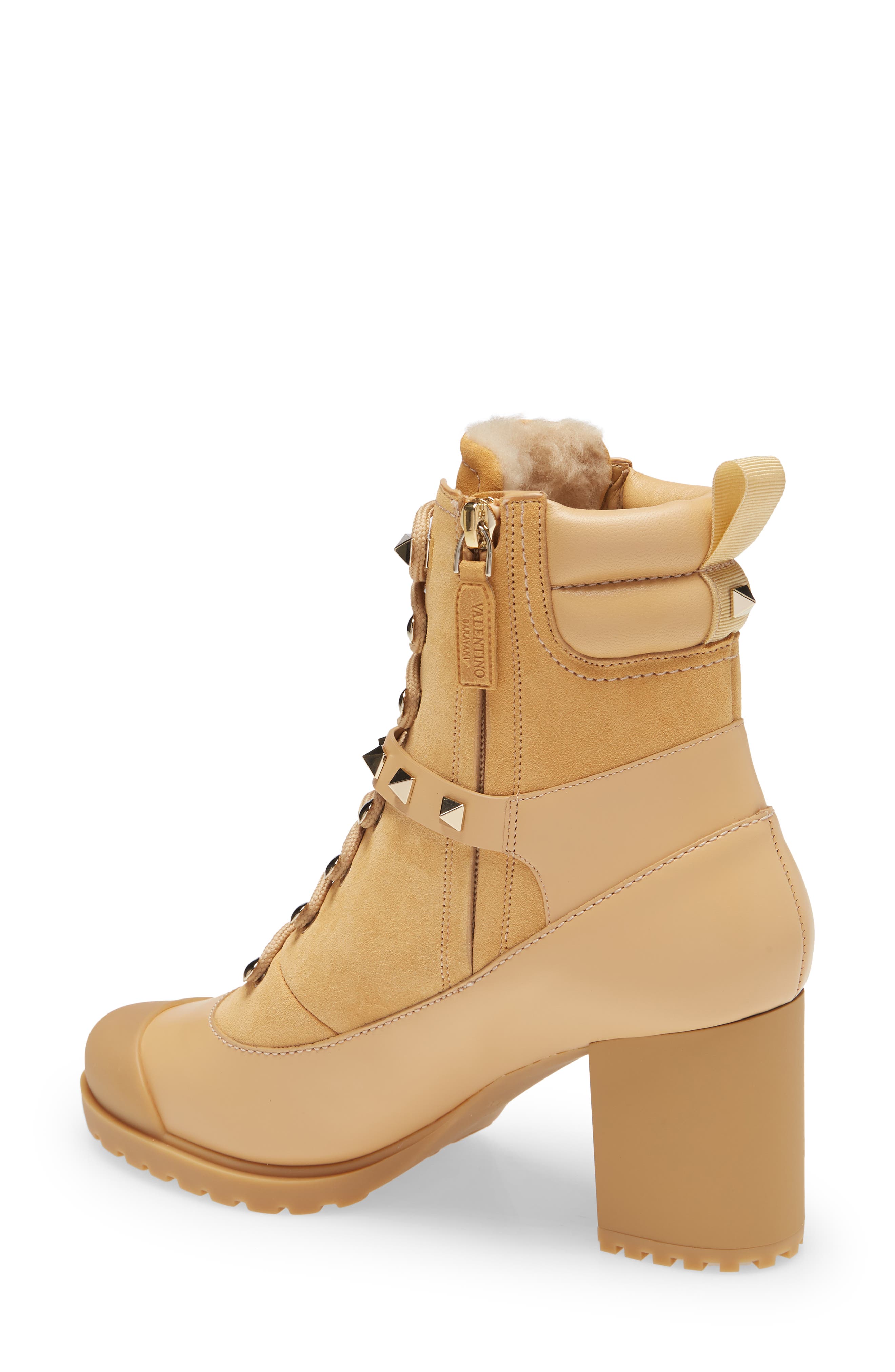 Valentino Garavani Rockstud Genuine Shearling Lined Combat Boot, Alternate, color, 
