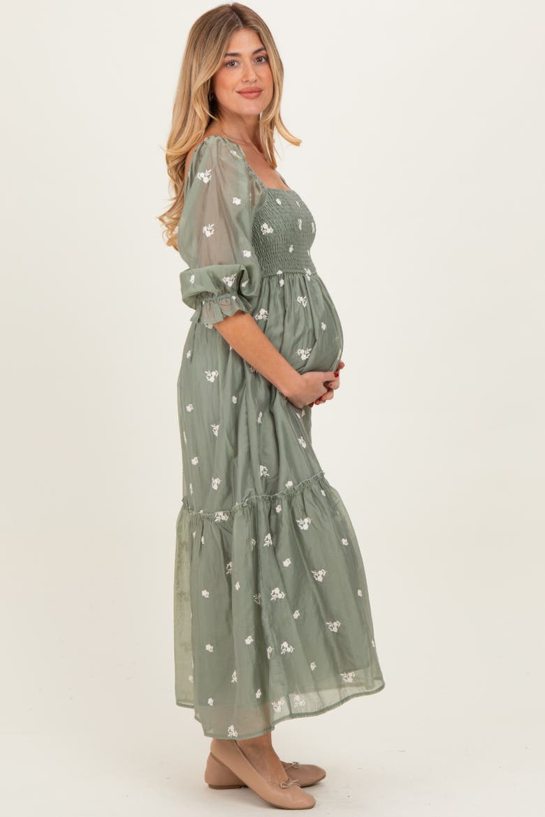 Floral Embroidered Smocked 3/4 Sleeve Midi Dress, Alternate, color, Light Olive