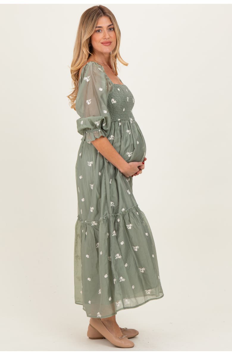 PinkBlush Floral Embroidered Smocked 3/4 Sleeve Midi Dress, Alternate, color, Light Olive