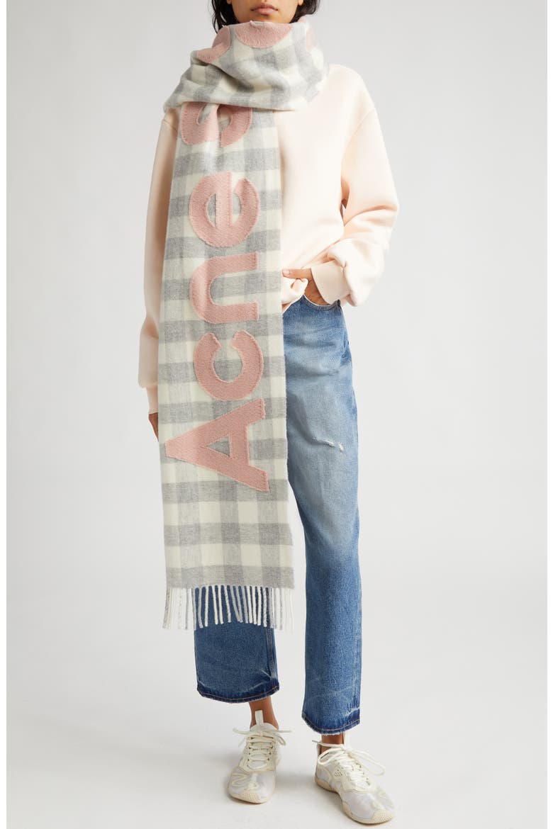 Veda Buffalo Plaid Wool Blend Scarf, Main, color, GREY/ PINK