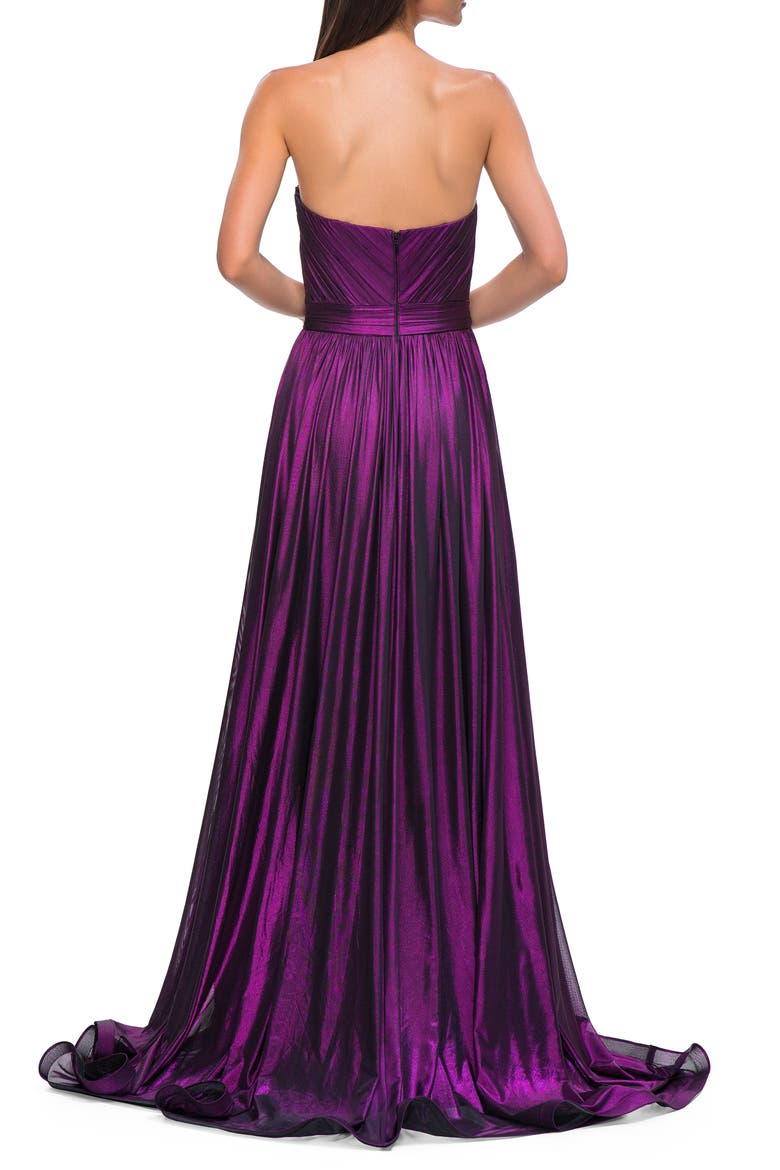 Flowy Metallic Net Jersey Prom Dress with Intricate Ruched Bodice, Alternate, color, Purple