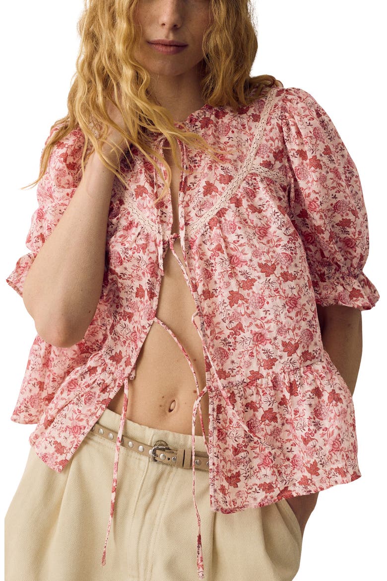 Floral Lace Inset Tie Front Top, Main, color, PINK/ MULTI