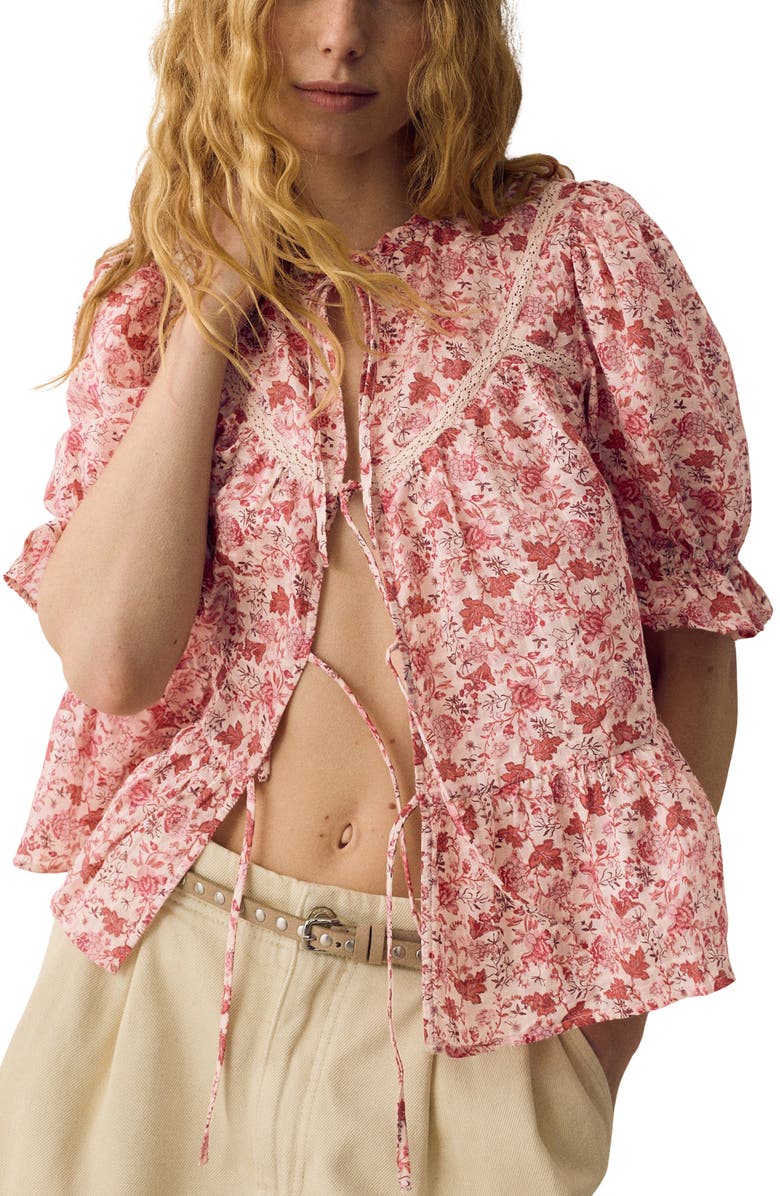 PER UNA BY M&S Floral Lace Inset Tie Front Top, Main, color, Pink/ Multi