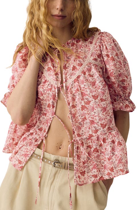 Floral Lace Inset Tie Front Top