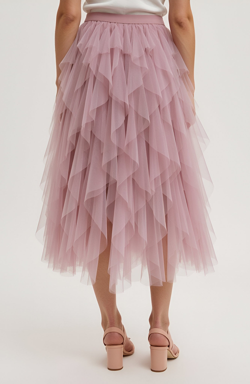 Modenaire Tiered Tulle Midi Skirt With Layered Ruffle Detail And Elastic Waistband In Pink