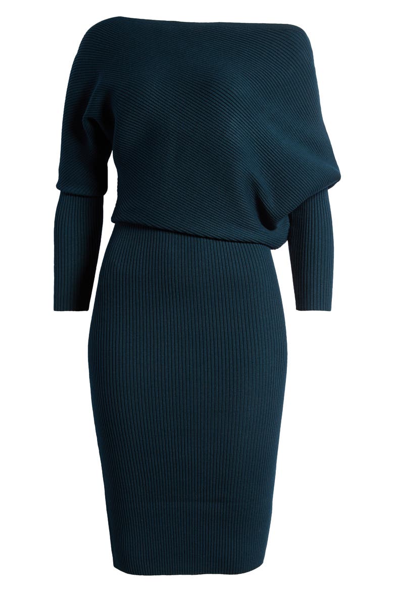 Lara One-Shoulder Rib Sweater Dress, Alternate, color, TEAL