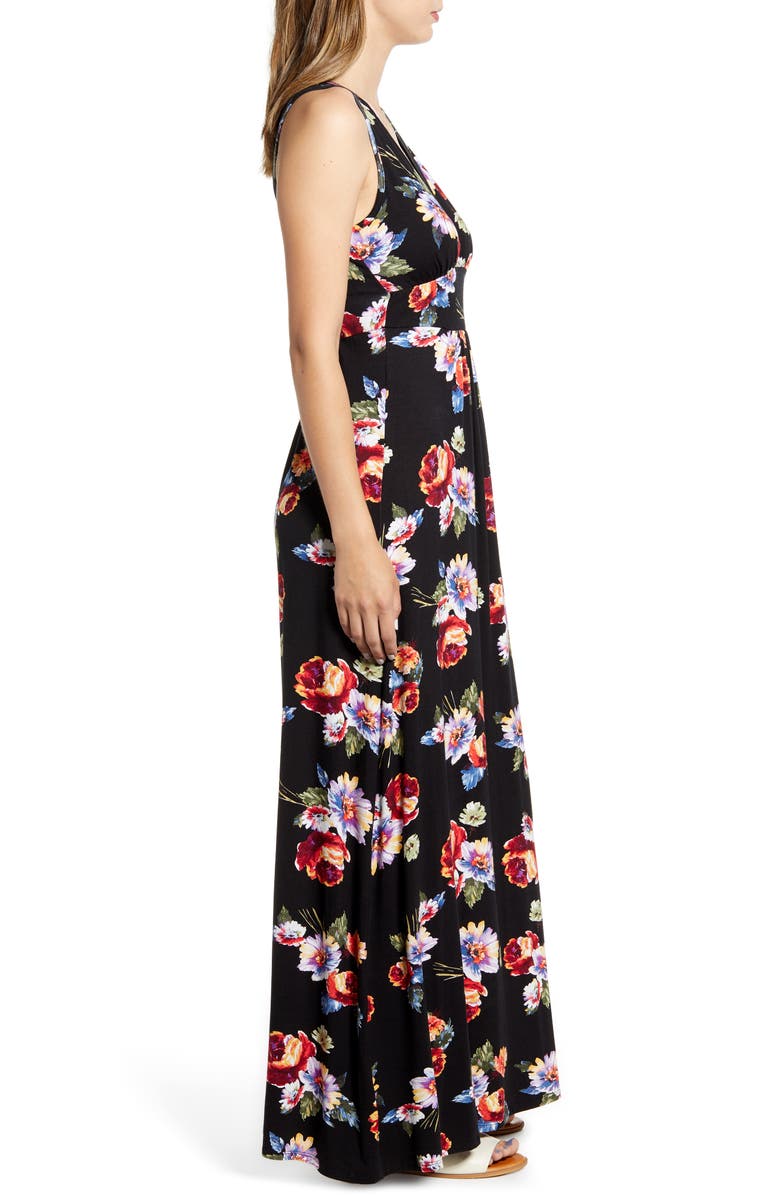 Loveappella Floral Print Maxi Dress, Alternate, color, Black/ Coral