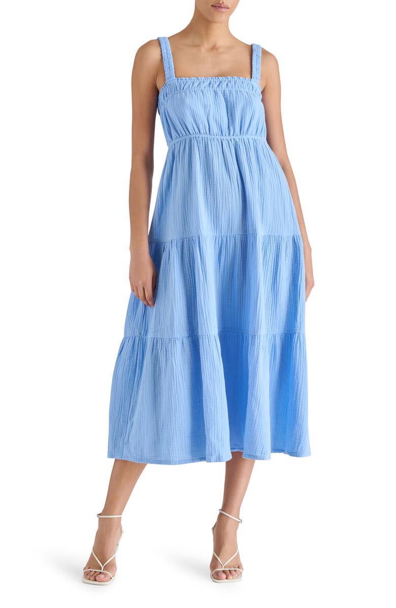 Steve Madden Alissa Tiered Cotton Gauze Midi Sundress, Main, color, Vista Blue