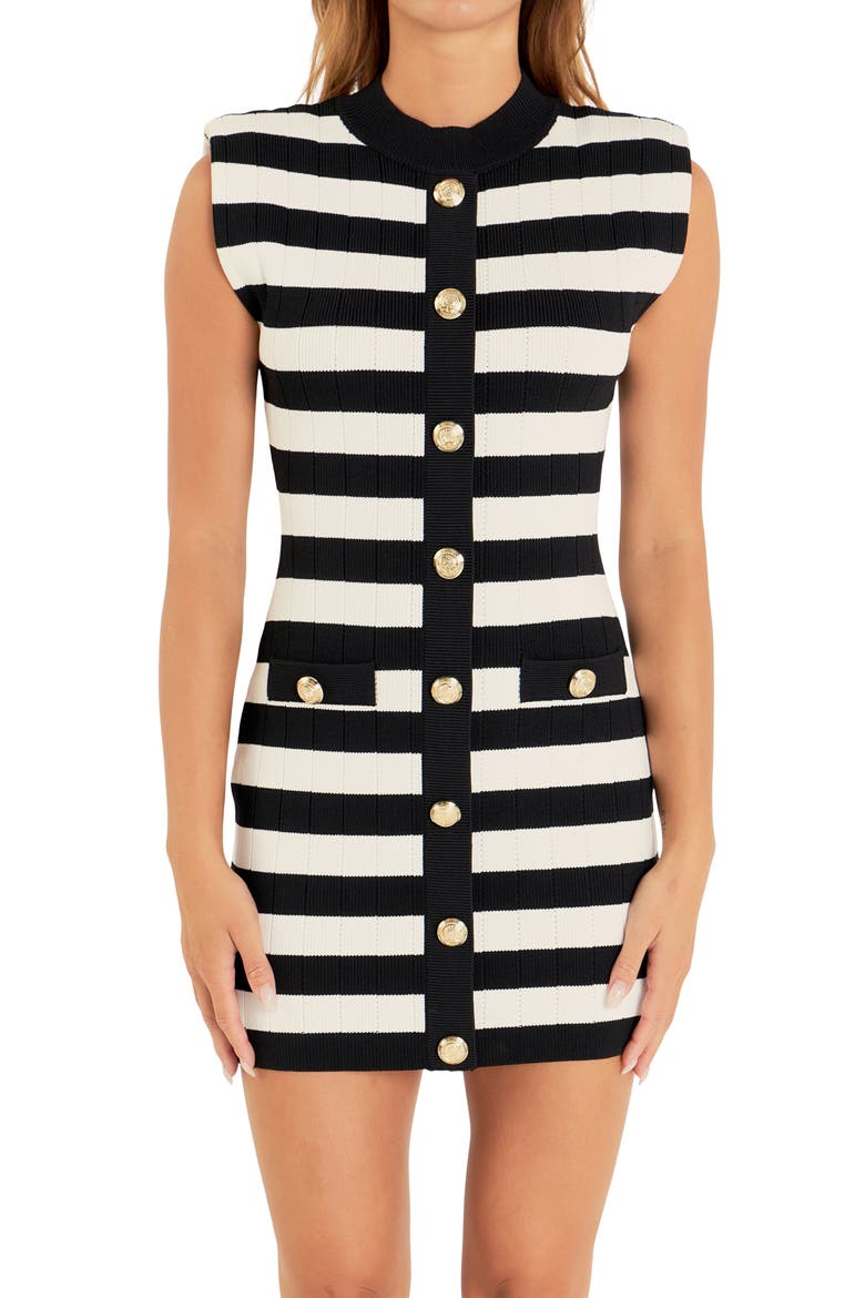 Stripe Mock Neck Rib Mini Sweater Dress, Alternate, color, BLACK/ WHITE