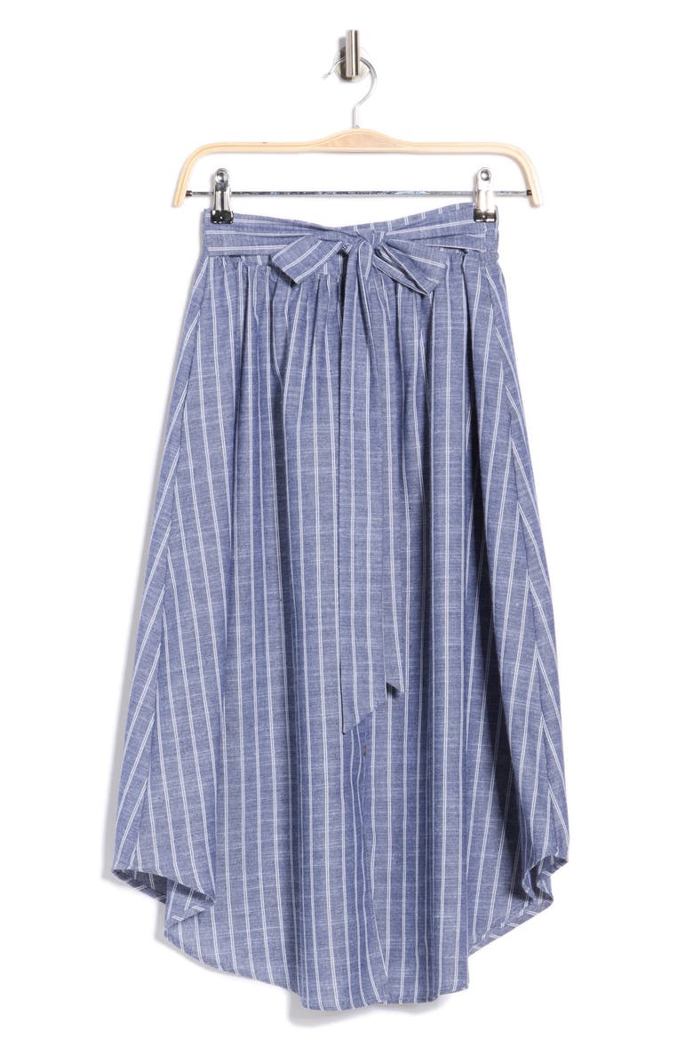 Stripe Curve Hem Linen Blend Midi Skirt, Alternate, color, DENIM