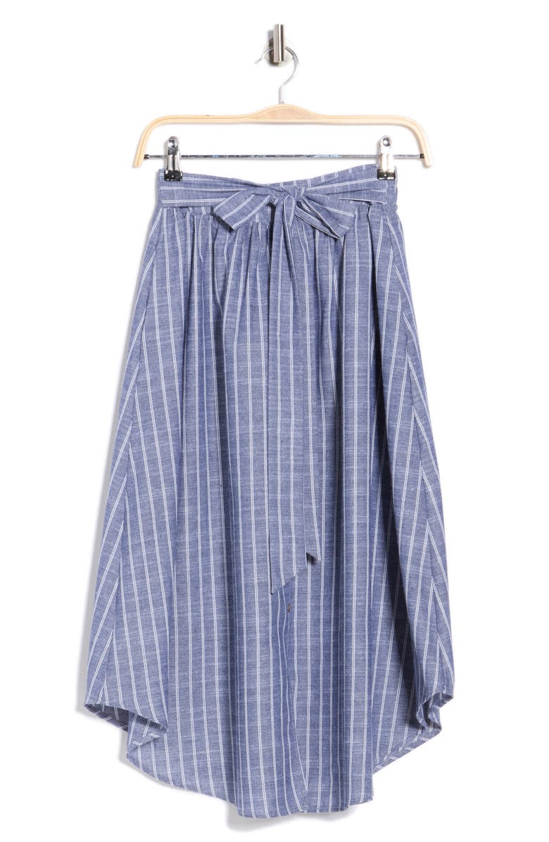 Renee C Stripe Curve Hem Linen Blend Midi Skirt, Main, color, Denim