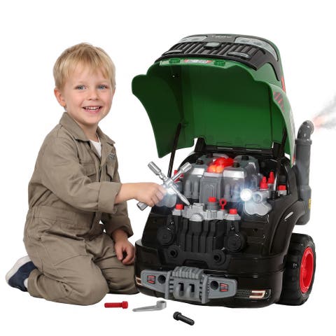 Large Truck Engine Toy, Kids Mechanic Repair Set with Spray, Lights, Sounds and Removable Parts, Educational Gifts for 3-6 Year Boys Girls, Green