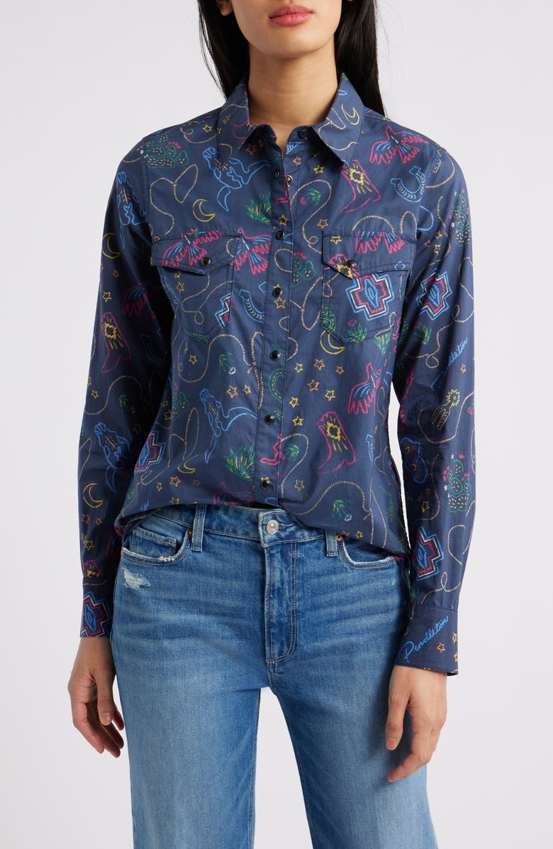 Pendleton Gambler Print Cotton Snap-Up Shirt, Main, color, Navy Western Brights