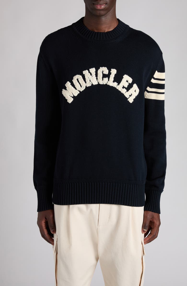 Moncler Logo Embellished Cotton Sweater, Main, color, Obsidian Blue