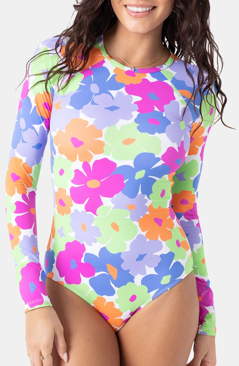 Roxy California Dreamin' Long Sleeve One-Piece Rashguard Swimsuit, Main, color, Medium Lime