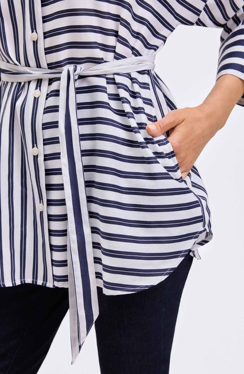 Foxcroft Avery Stripe Tie Waist Tunic Shirt In Blue