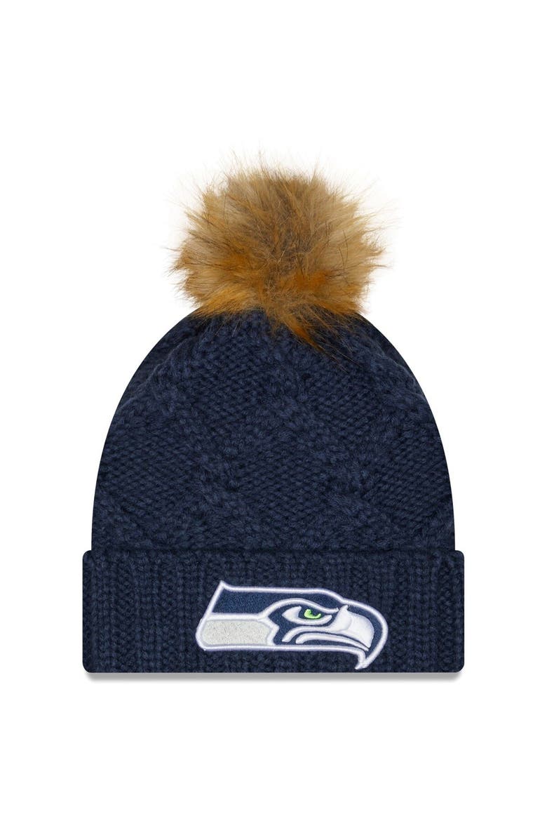Women's New Era College Navy Seattle Seahawks Luxe Cuffed Knit Hat with Pom, Main, color, NAVY