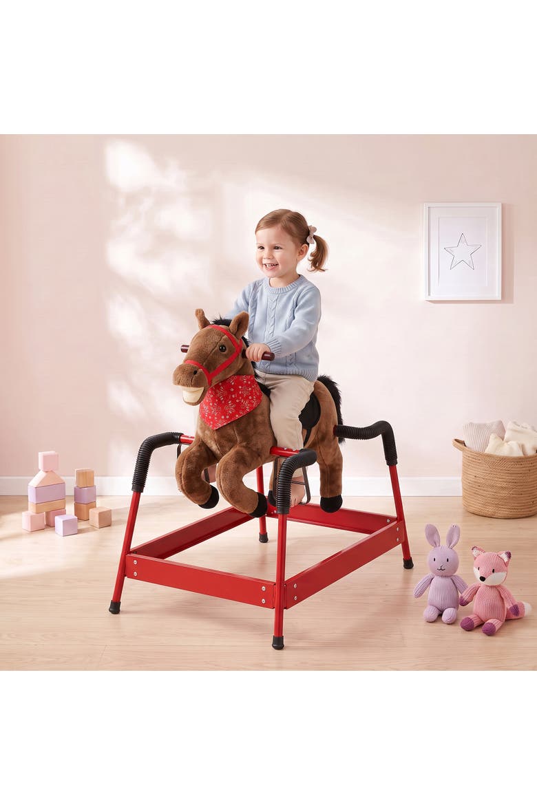 Kids Spring Rocking Horse, Ride on Horse with Neighing Sounds, Plush Animal Ride on Toy with Covered Spring, Wide Base for Ages 3+ Years, Brown, Alternate, color, brown