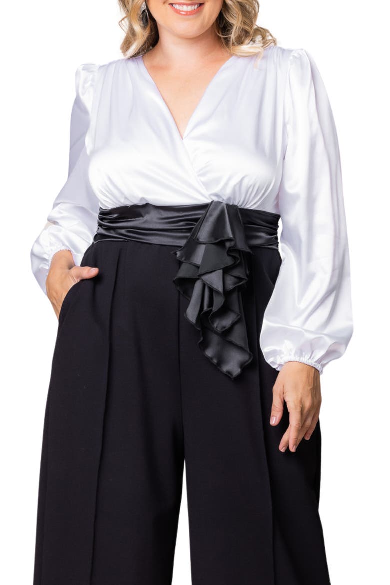 Refined Puff Shoulder Long Sleeve Wide Leg Jumpsuit, Alternate, color, BLACK TIE AFFAIR