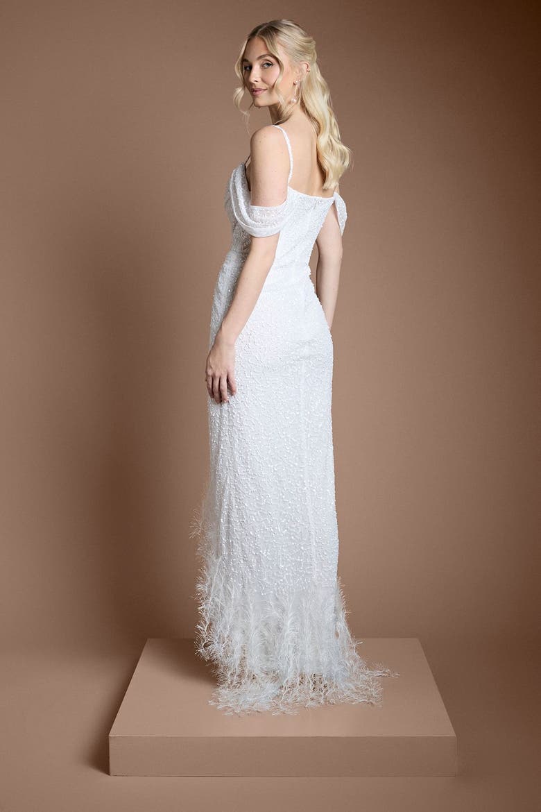 Bardot Neck Feather Trim Maxi Dress, Alternate, color, Ivory