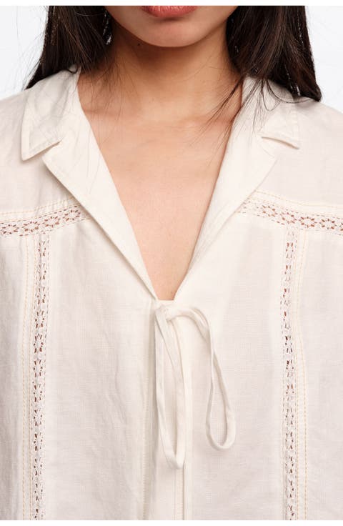 Linen-Blend Lace Trim Shirt