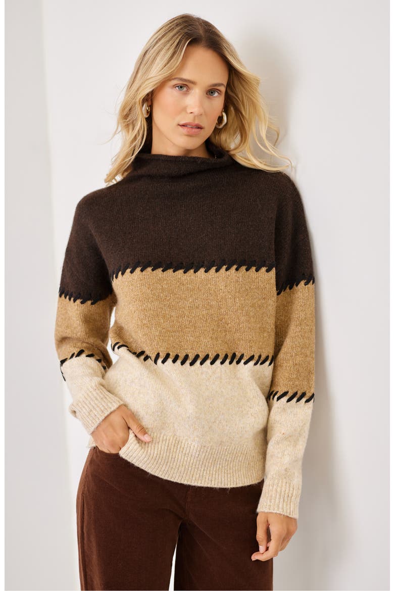 Contrast Stitch Mock Neck Sweater, Alternate, color, BROWN