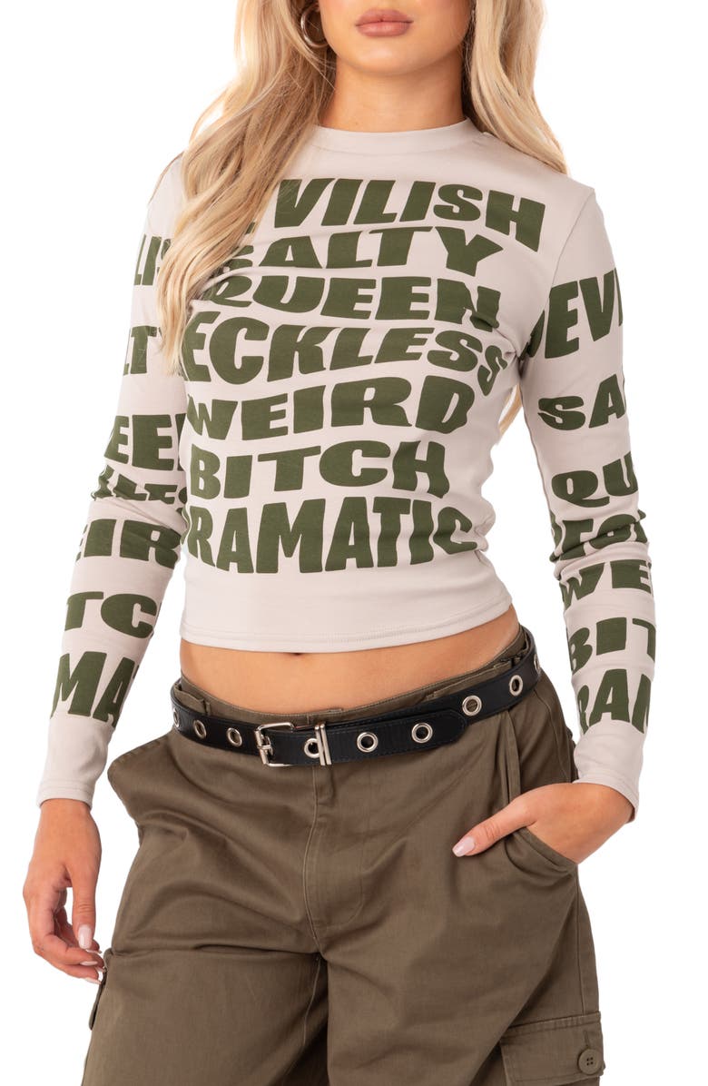 EDIKTED Devilish Long Sleeve Crop Graphic Tee, Alternate, color,