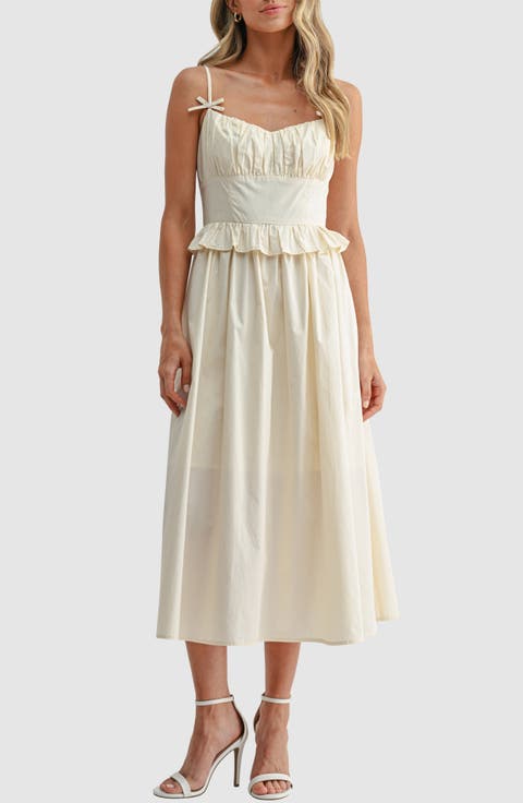 Ruffle Waist Cotton Midi Dress
