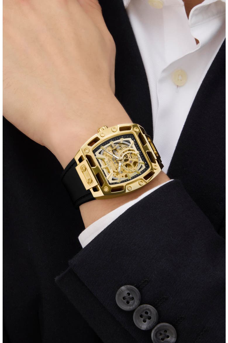 Phoenix Goldtone Skeleton Automatic Silicone Strap Watch, 43mm x 42mm, Alternate, color, BLACK