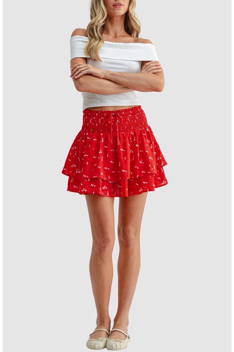 Smocked Waist Ruffle Miniskirt, Alternate, color, RED DITSY