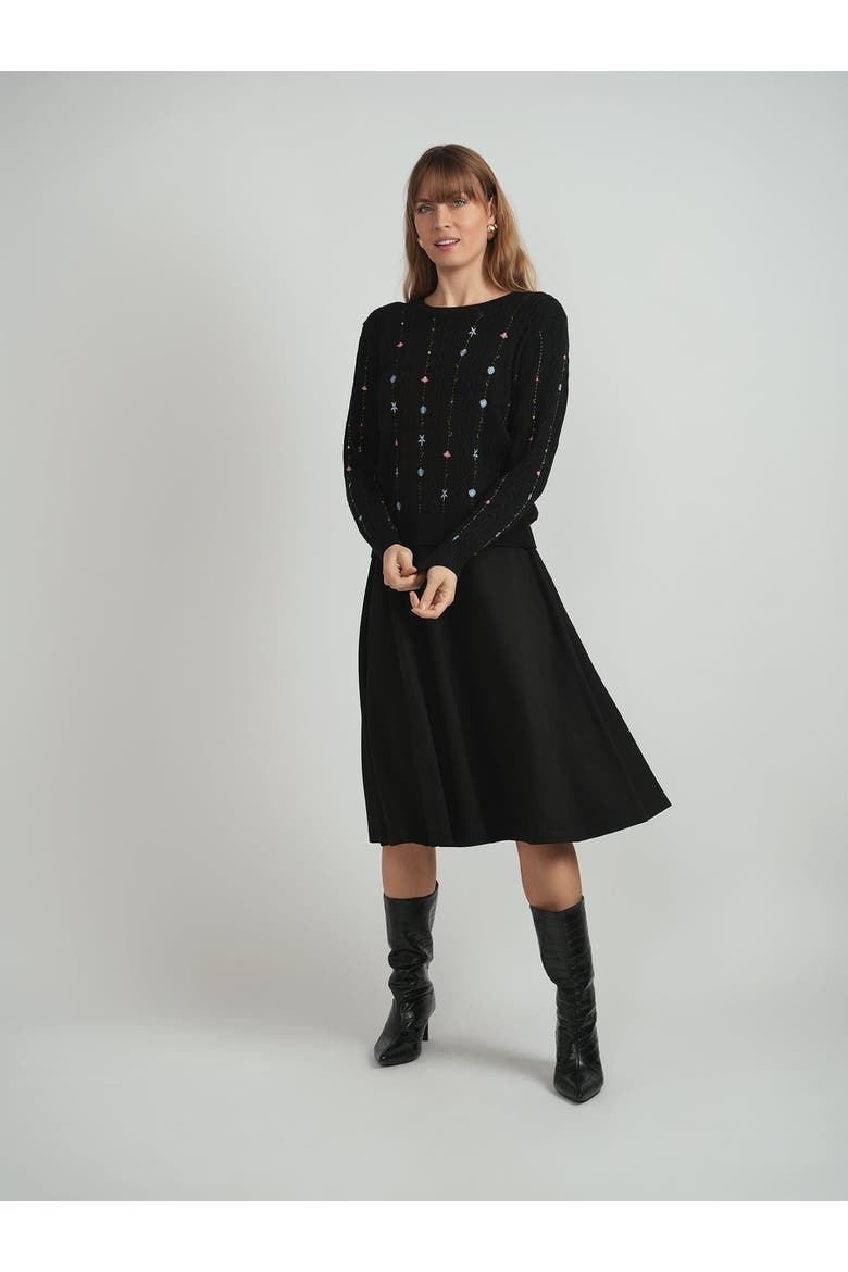 Embroidered Cable Floral Accent Knit Sweater, Alternate, color, Black