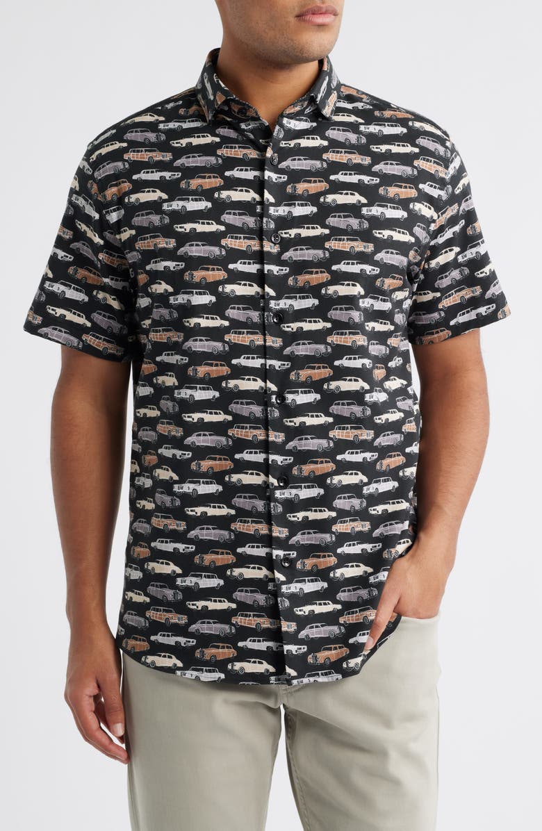 Stone Rose Ridin' Dirty Vintage Car Print Short Sleeve Stretch Cotton Blend Button-Up Shirt, Main, color, 
